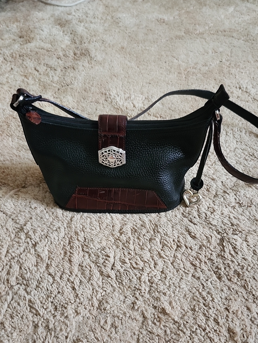 Brighton Black and Brown Pebbled Leather Shoulder Bag Purse with Heart Charm